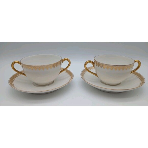 Tressemanes Voght Limoges Double Handle Tea Cups Saucer Set 8414 Gold T&V France - Picture 1 of 8